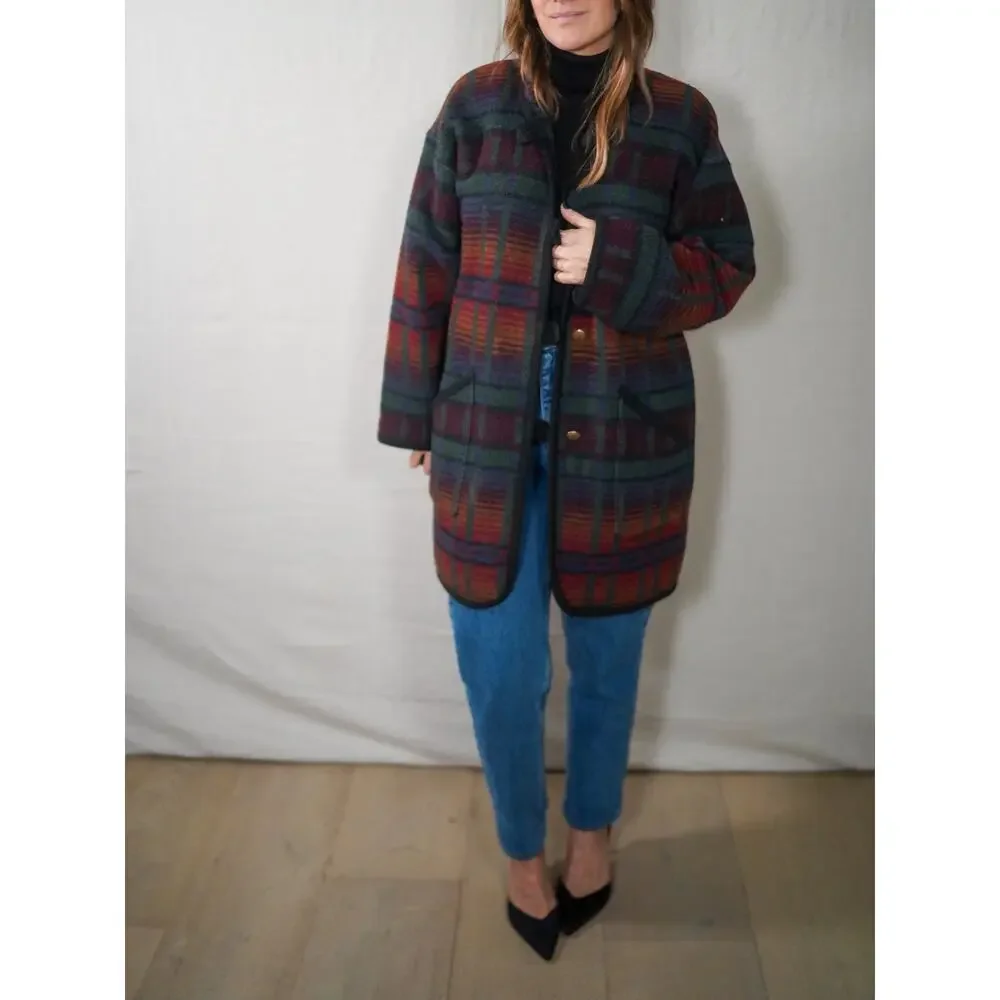 Vintage Oversized Plaid Wool Coat in Forest Green & Oxblood - Picture 3 of 10